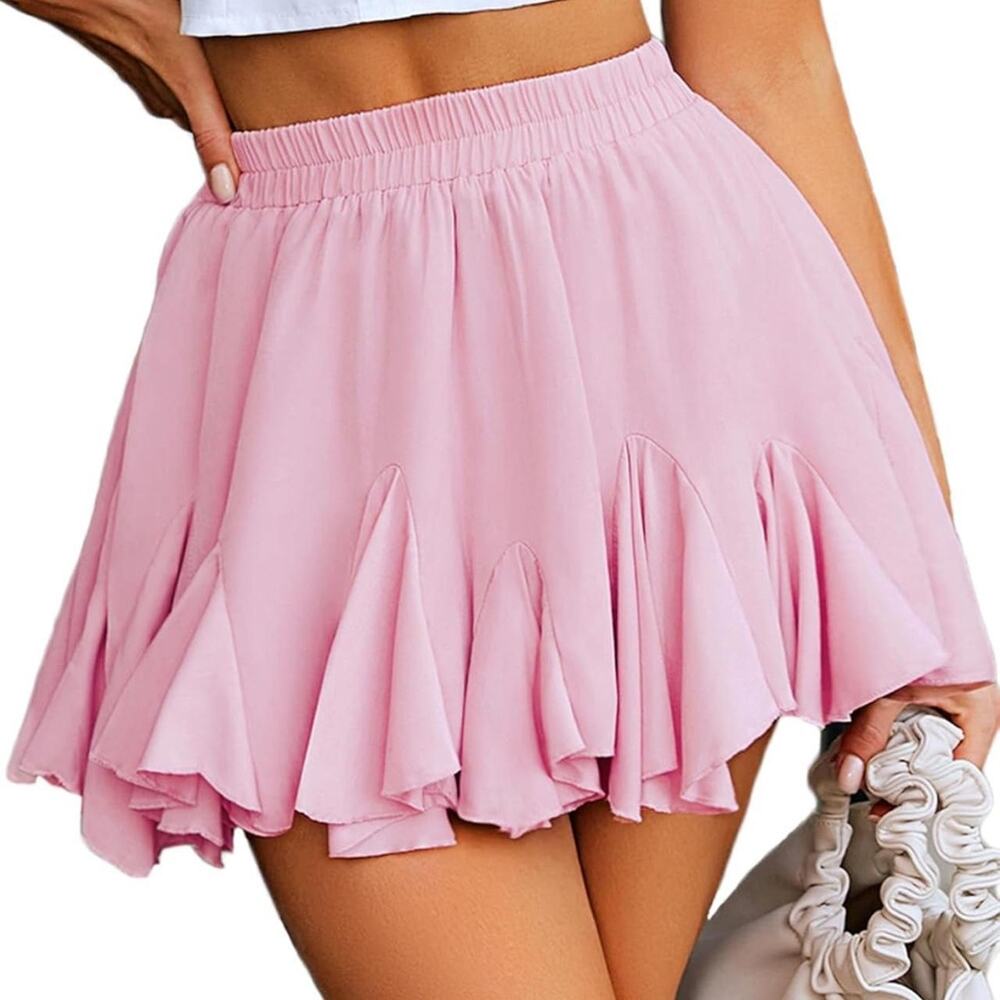 Pink ruffle mini skirt super
